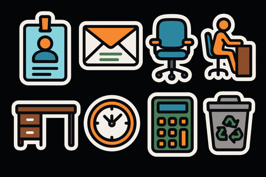 Colorful office icon pack featuring workspace essentials for modern digital design