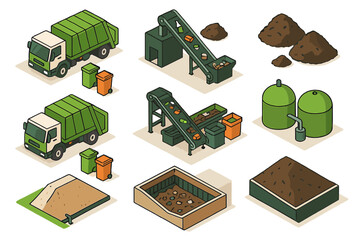 Isometric icons of waste recycling, composting process, garbage trucks, and biogas tanks