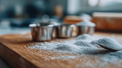 A close-up shot of a spoon filled with white powder next to a pile, with bowls and a rolling pin in background - Powered by Adobe