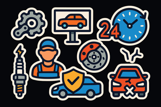 Colorful car service stickers repair and maintenance icons