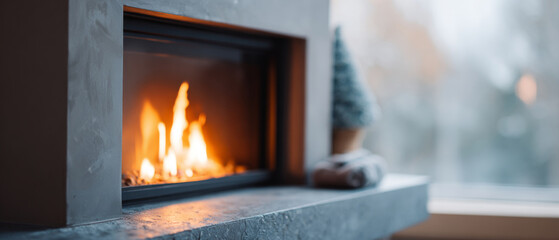 Modern indoor fireplace with warm glowing flames and blurred winter window background creating cozy atmosphere