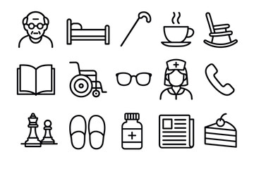 Fototapeta premium Elderly care icon set essentials for seniors and caregivers in simple line art