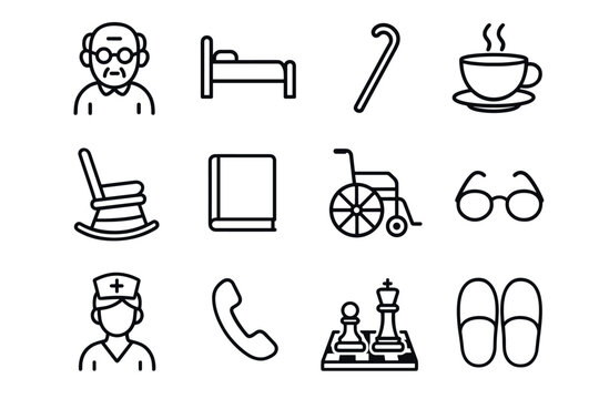 Simple line icons representing senior living essentials and activities