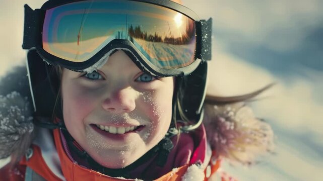 A cheerful young girl wearing ski goggles and a winter jacket smiles at the camera while skiing on a snowy mountain.