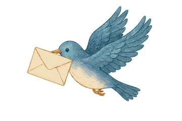 Flying blue bird carrying a sealed beige envelope in its beak isolated on white