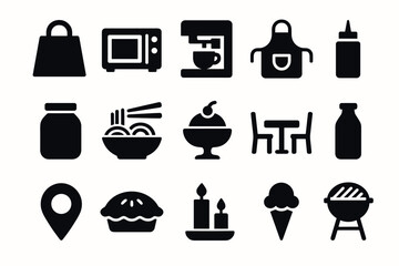 Kitchen and food icons set appliances, dining, and cooking elements