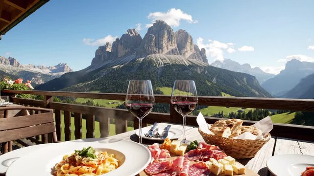 Mountain restaurant balcony offering a luxury lunch with pasta, focaccia bread, cold cuts, cheese, and two glasses of red wine, highlighting travel and vacation in the dolomites