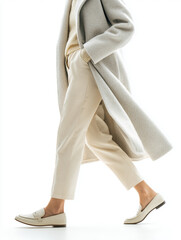 A young woman in an elegant white coat walks down the street,