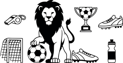 Lion mascot with soccer ball trophy cleats and sports whistle vector illustration for football fans and athletes
