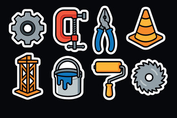 Bold construction tools icons on dark background with vibrant colors
