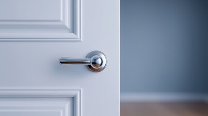 Obraz premium Daily office cleaning routine, A close-up of a modern, silver door handle on a white door with a contrasting blue wall background.