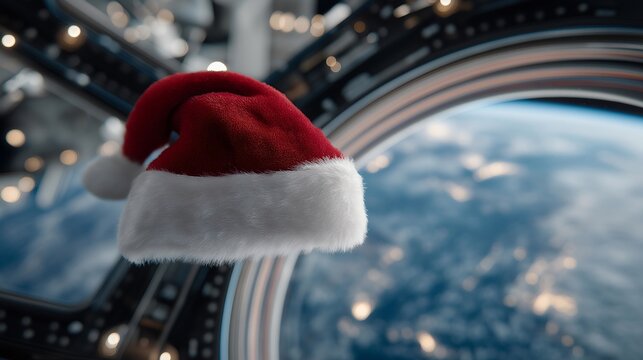 Santa hat gently floating in zero gravity inside a space station near porthole window showing Earth — concept of cosmic Christmas celebration, astronaut holiday spirit, and futuristic exploration