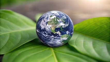 Earth Sphere Resting on Green Leaf Close-Up Natural Detail