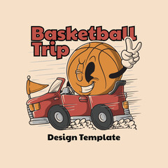 retro cartoon basketball mascot riding a car