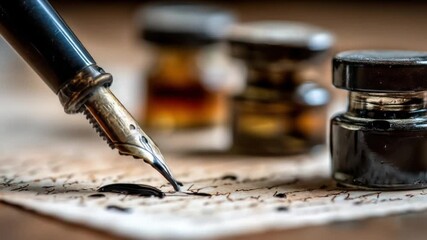 A close-up image of a fountain pen writing on aged paper with ink and inkwells - Powered by Adobe
