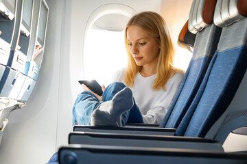 A young woman sits comfortably in the airplane cabin with her feet on the seat and is focused on her portable device during travel.