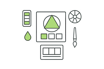 Graphic design and creative tools icons set featuring color swatches paintbrush and shape