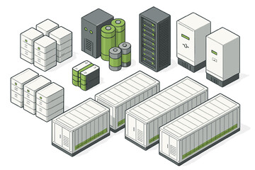 Isometric collection of energy storage modules, data center server racks, and industrial batteries
