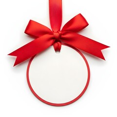 A red ribbon bow suspends a blank, round tag with a red border against a bright white background, creating a festive, clean, and inviting ambiance.
