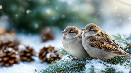 Two birds are sitting on a pine tree branch covered in snow