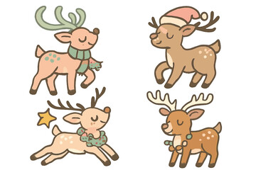 Naklejka premium Four adorable festive reindeer characters wearing scarves and Santa hats for Christmas
