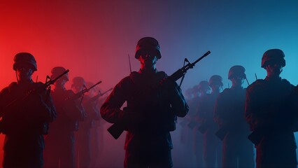 Fototapeta premium Soldier silhouette symbolizing courage, duty, and military honor. Colorful war torn soldier memorial day silhouette. 