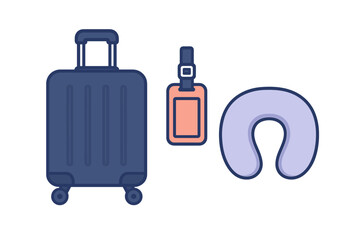Set of essential travel accessories including a rolling suitcase and neck pillow