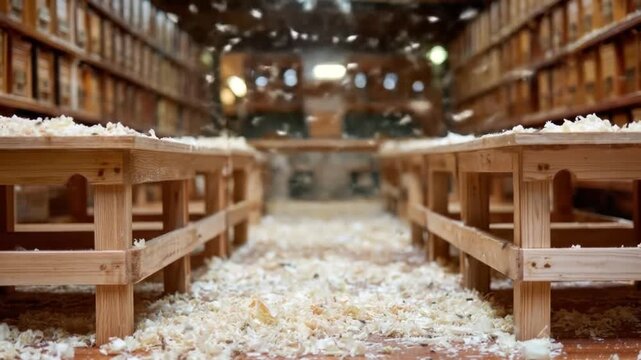 A workshop interior features rows of wooden benches covered in wood shavings with a dust cloud above