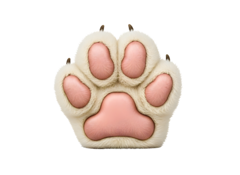 Fluffy cat paw print with pink pads isolated on transparent background