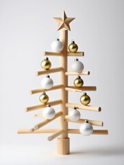 A modern, minimalist wooden Christmas tree decorated with simple gold and white ornaments.