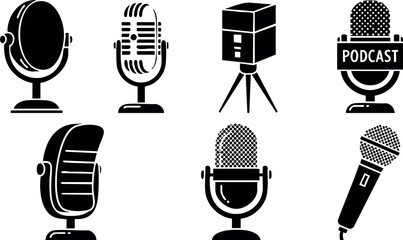 Vintage and modern microphone icons vector set for podcasting and audio recording equipment design
