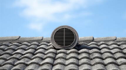 Round roof ventilator is installed upon textured gray roofing tiles under a bright blue sky