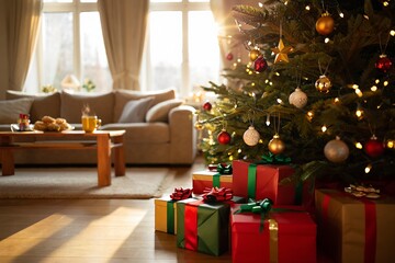 Gifts and a decorated Christmas tree in a sunny living room with soft, warm holiday lighting.