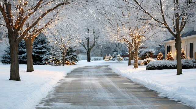 A snowy street with lights on the trees and houses