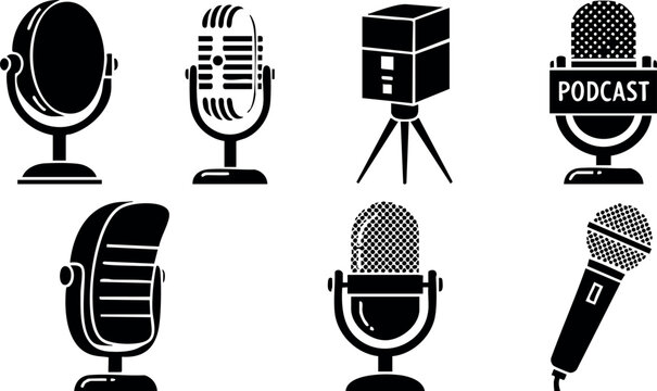 Vintage and modern microphone icons vector set for podcasting and audio recording equipment design