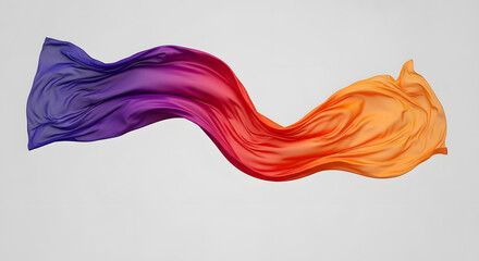 Striking 3D render of a single piece of silk or chiffon fabric gracefully flowing in a wave shape, featuring a vibrant gradient from purple to orange, isolated on white