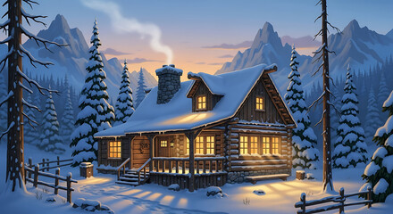 Cozy log cabin glowing warmly amidst a snowy winter wonderland, inviting escape and relaxation for holiday travel and serene mountain getaways