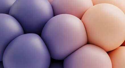 Extreme close-up 3D render of dense, tightly packed, soft-colored spheres (lilac, pink, orange) creating a continuous abstract geometric texture, emphasizing gradient and soft light