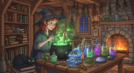 Whimsical young witch creating magical potion in cozy cottage laboratory filled with enchanting ingredients and a warm fireplace casting a magical glow