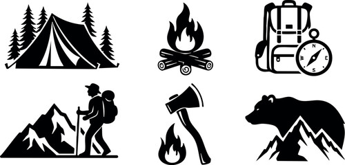 Fototapeta premium Camping and hiking icons with tent campfire backpack axe bear and mountain adventure symbols vector set