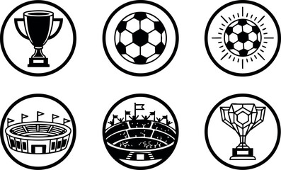 Soccer icons with trophy, stadium, and ball in black and white vector design for sports and competition themes