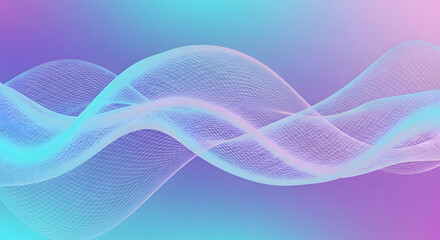 Futuristic 3D render of a neon wireframe mesh forming smooth, wavy lines over a vibrant pink and teal gradient background, symbolizing data flow, technology, and virtual reality