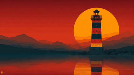 Stylized Lighthouse at Red Sunset