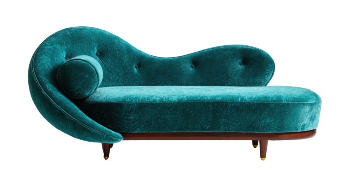 Turquoise velvet chaise lounge, ornate, curved, with wooden legs