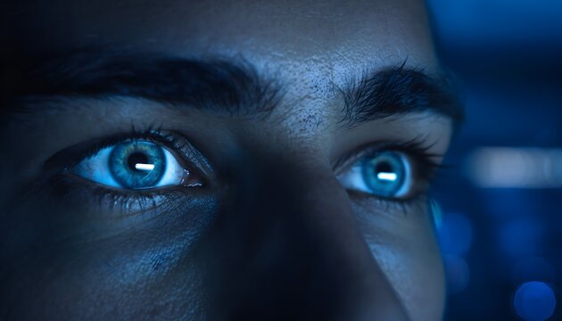 Close up of human eyes with blue color looking forward for eye health and vision concept idea