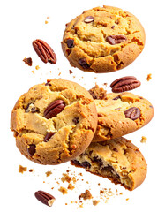 flying Butter Pecan cookies with crumbs isolated on white transparent background