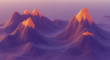 Stylized 3D low poly render of a wavy mountain landscape with geometric forms, featuring an intense sunset gradient sky, combining liquid motion and hard-edged terrain