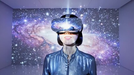 Young woman wearing a futuristic vr headset stands in a bright modern digital space, immersed in a vivid galaxy simulation and interactive metaverse experience