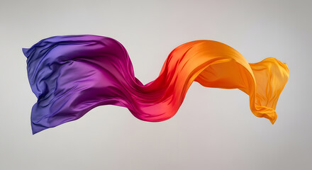 A single piece of light silk fabric gracefully flowing in a wave shape, displaying a vibrant gradient from deep purple/magenta to orange/yellow, isolated against a gray background