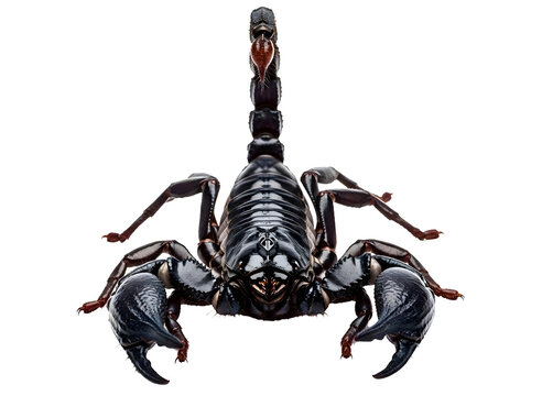 Detailed close up of a black scorpion with red accents isolated on transparent background - Powered by Adobe